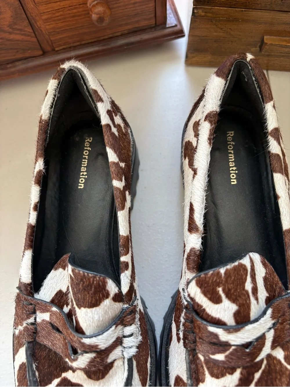 Reformation Agathea cow print loafers chunky size 6